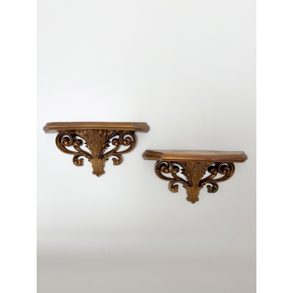 Burwood Gold Wall Shelf Set Ornate Acanthus Hollywood Regency French Provincial